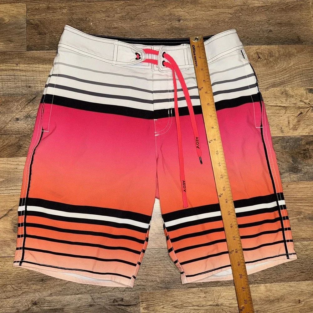 American Eagle‎ Board Shorts Flat Front Striped Sunset Ocean Beach (No Size Tag)